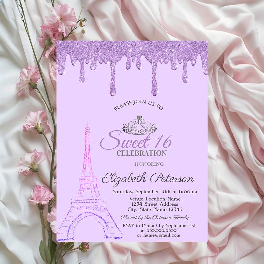 Invitation Tour Eiffel de Paris, gouttes violettes Sweet 16