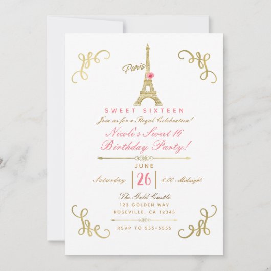 Invitation Tour Eiffel de Paris Or Rose Rose Fête Douce 16 (Devant)