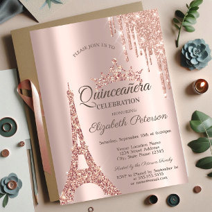Invitation Tour Eiffel de Paris, Rose Gold en Goutte Quinceañ