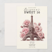Invitation Tour Eiffel de Paris & Roses Roses 16 ans Douce (Devant / Derrière)