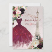 Invitation Tour Eiffel de Quinceanera, fleurs Bourgogne rouss (Devant)