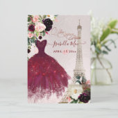 Invitation Tour Eiffel de Quinceanera, fleurs Bourgogne rouss (Debout devant)
