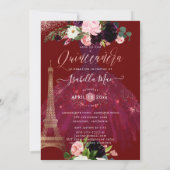 Invitation Tour Eiffel de Quinceanera, fleurs Bourgogne rouss (Dos)