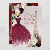 Invitation Tour Eiffel de Quinceanera, fleurs Bourgogne rouss (Devant / Derrière)