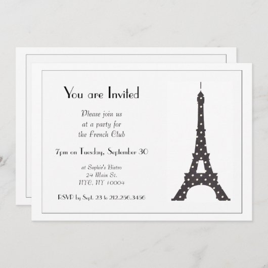 Invitation Tour Eiffel des Pois français noirs et blancs (Devant / Derrière)