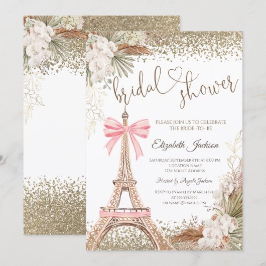 Invitation Tour Eiffel Diamants Arc Fleurs Mariage (Devant / Derrière)
