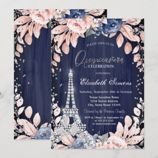 Invitation Tour Eiffel Diamants Marine Blue Roses Quinceanera (Devant / Derrière)