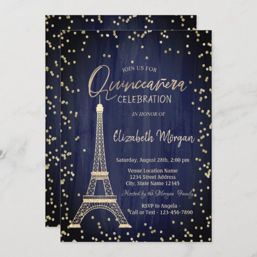 Invitation Tour Eiffel Diamants Marine Quinceanera Bleue (Devant / Derrière)