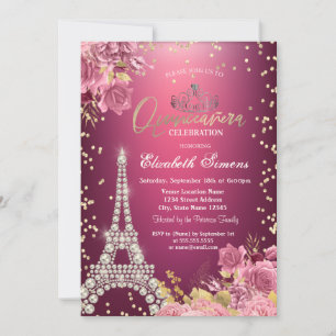 Invitation Tour Eiffel Diamants Roses Rouge Quinceanera
