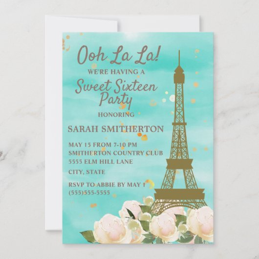 Invitation Tour Eiffel dorée bleu sarcelle vert menthe Sweet (Devant)