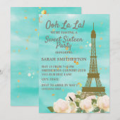 Invitation Tour Eiffel dorée bleu sarcelle vert menthe Sweet (Devant / Derrière)