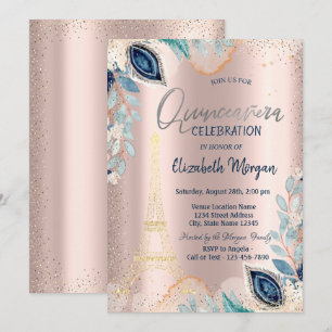 Invitation Tour Eiffel dorée, Fleurs, Quinceañera Rose Gold