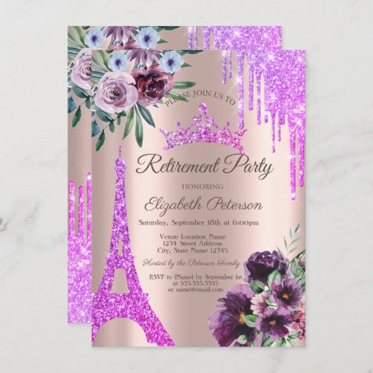 Invitation Tour Eiffel, Echos, Fleurs Violettes Retraite (Devant / Derrière)