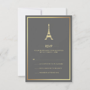 Invitation Tour Eiffel élégant or sur réponse RSVP de mariage