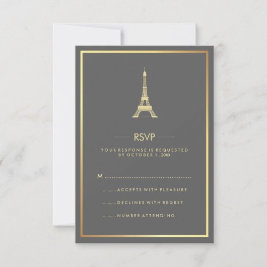 Invitation Tour Eiffel élégant or sur RSVP de mariage gris (Devant)