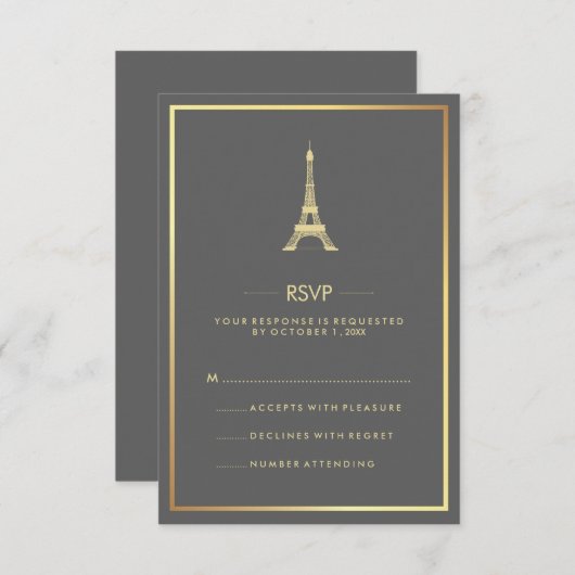 Invitation Tour Eiffel élégant or sur RSVP mariage gris (Devant / Derrière)