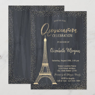 Invitation Tour Eiffel en or Confettis Quinceanera