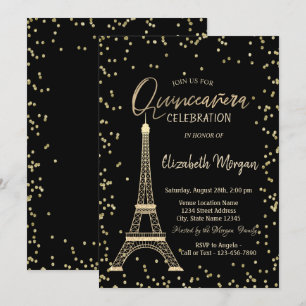 Invitation Tour Eiffel en or Diamants Quinceanera noire