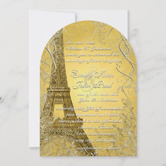 Invitation Tour Eiffel Feuilles   d'or brûlé métal (Devant)