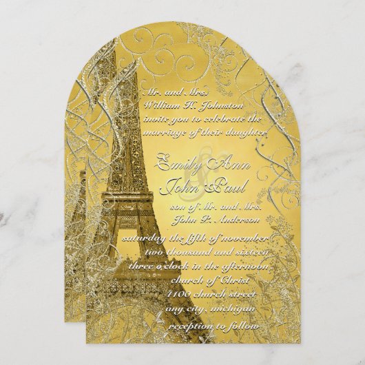 Invitation Tour Eiffel Feuilles   d'or brûlé métal (Devant / Derrière)