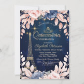 Invitation Tour Eiffel, Fleurs Bleues, Marine Blue Quinceañer (Devant)