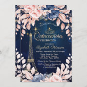 Invitation Tour Eiffel, Fleurs Bleues, Marine Blue Quinceañer (Devant / Derrière)