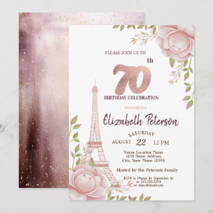 Invitation Tour Eiffel Fleurs Roses 70e Anniversaire