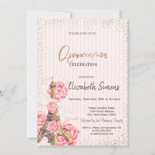 Invitation Tour Eiffel florale confettis rayée Quinceañera