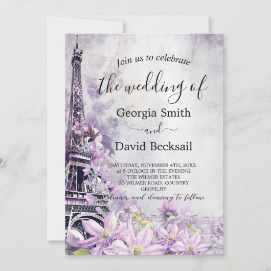 Invitation Tour Eiffel Lavender Romance QR Code Mariage (Devant)