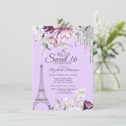 Invitation Tour Eiffel, Lavettes, Lilac Fleurs Douce 16 (Debout devant)