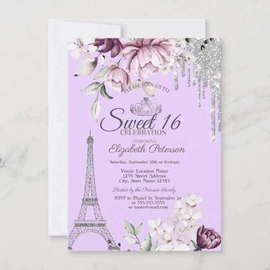 Invitation Tour Eiffel, Lavettes, Lilac Fleurs Douce 16 (Devant)