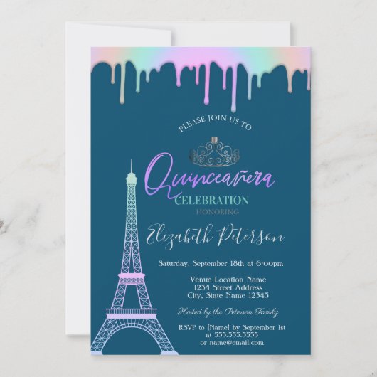 Invitation Tour Eiffel, Lecteurs Arc En Ciel Blue Quinceañera (Devant)