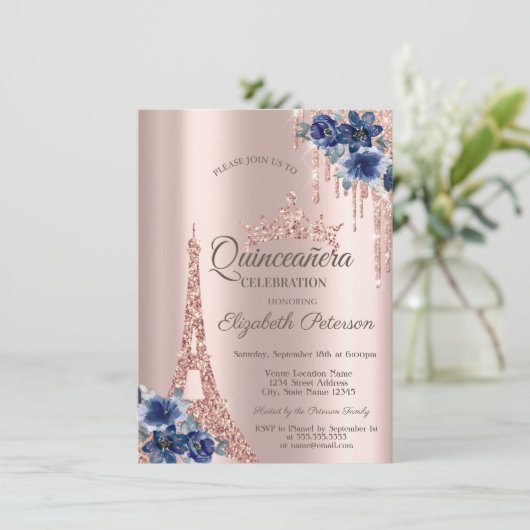 Invitation Tour Eiffel, Lecteurs Fleurs Bleues Quinceañera (Debout devant)