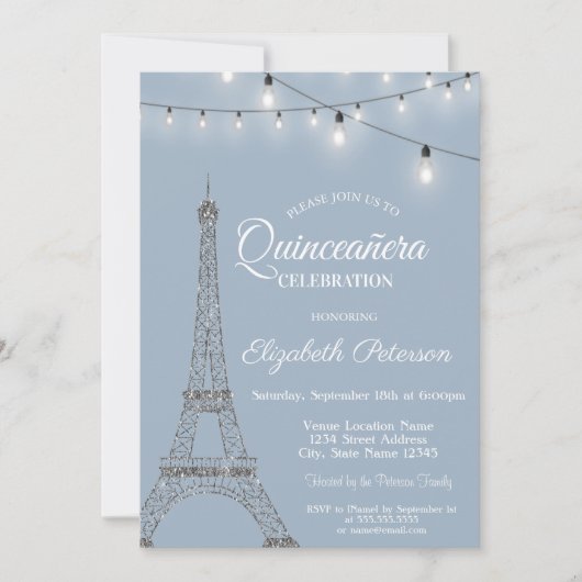 Invitation Tour Eiffel, Lumières Dusty Blue Quinceañera (Devant)