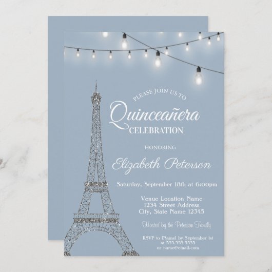Invitation Tour Eiffel, Lumières Dusty Blue Quinceañera (Devant / Derrière)