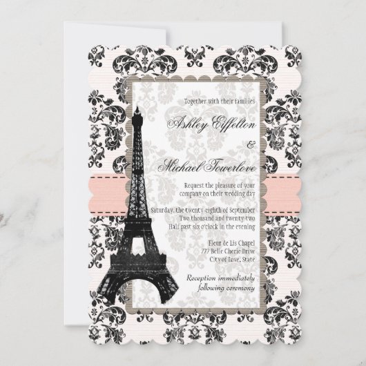 Invitation Tour Eiffel Mariage Damask Rose et Noir (Devant)