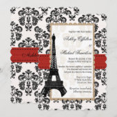 Invitation Tour Eiffel Mariage Rouge et Noir Damassé (Devant / Derrière)