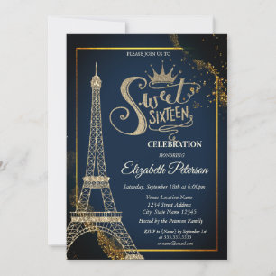 Invitation Tour Eiffel Navy Or Bleu Sweet 16