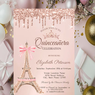 Invitation Tour Eiffel, Nœud Papillon Rose Or Drips Quinceañe