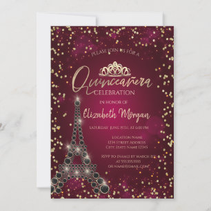 Invitation Tour Eiffel noire, Diamants Quinceañera Bourgogne