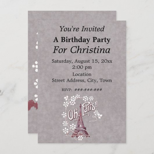 Invitation Tour Eiffel Oh Paris France Fleur blanche d'annive (Devant / Derrière)