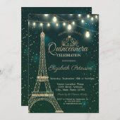 Invitation Tour Eiffel Or Etoiles Green Quinceañera (Devant / Derrière)