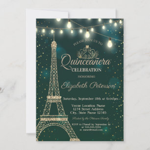 Invitation Tour Eiffel Or Etoiles Green Quinceañera