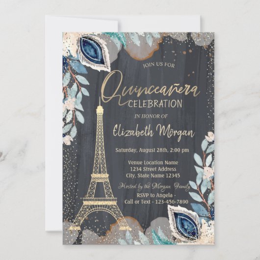 Invitation Tour Eiffel Or, Fleurs, Quinceañera Noir (Devant)