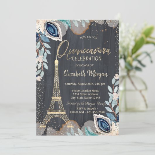 Invitation Tour Eiffel Or, Fleurs, Quinceañera Noir (Debout devant)