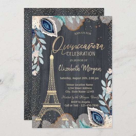Invitation Tour Eiffel Or, Fleurs, Quinceañera Noir (Devant / Derrière)