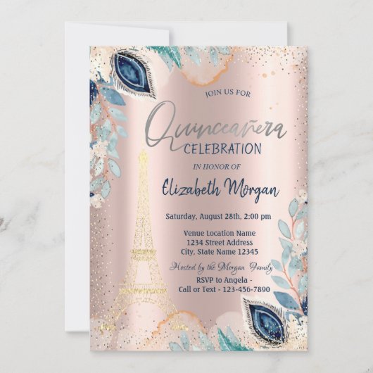 Invitation Tour Eiffel or, Fleurs, Rose or Quinceañera (Devant)