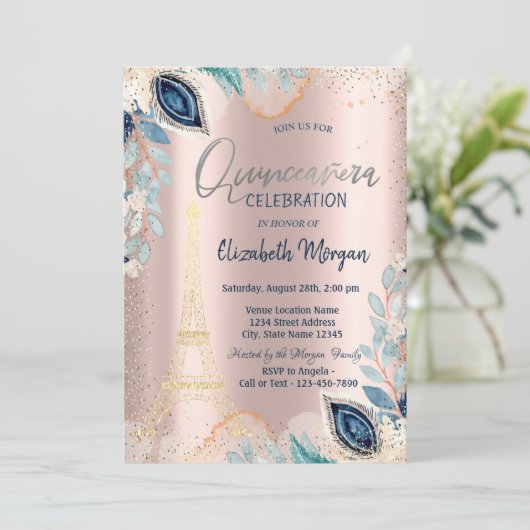 Invitation Tour Eiffel or, Fleurs, Rose or Quinceañera (Debout devant)