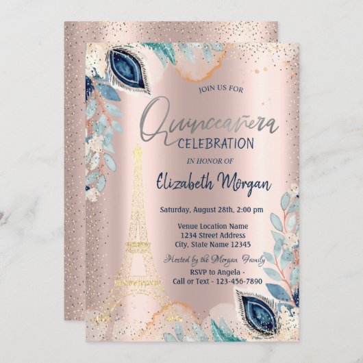 Invitation Tour Eiffel or, Fleurs, Rose or Quinceañera (Devant / Derrière)