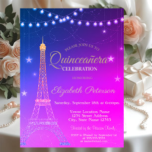 Invitation Tour Eiffel pailleté or, Quinceañera bordeaux